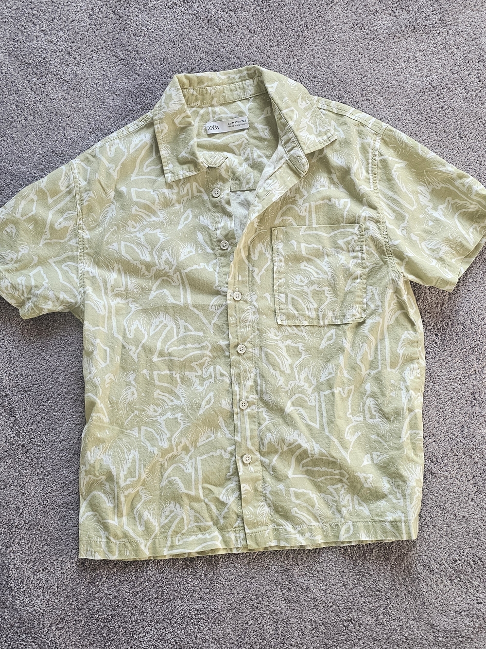 Zara Light Green Short Sleeve Palm-Print Button Down Shirt